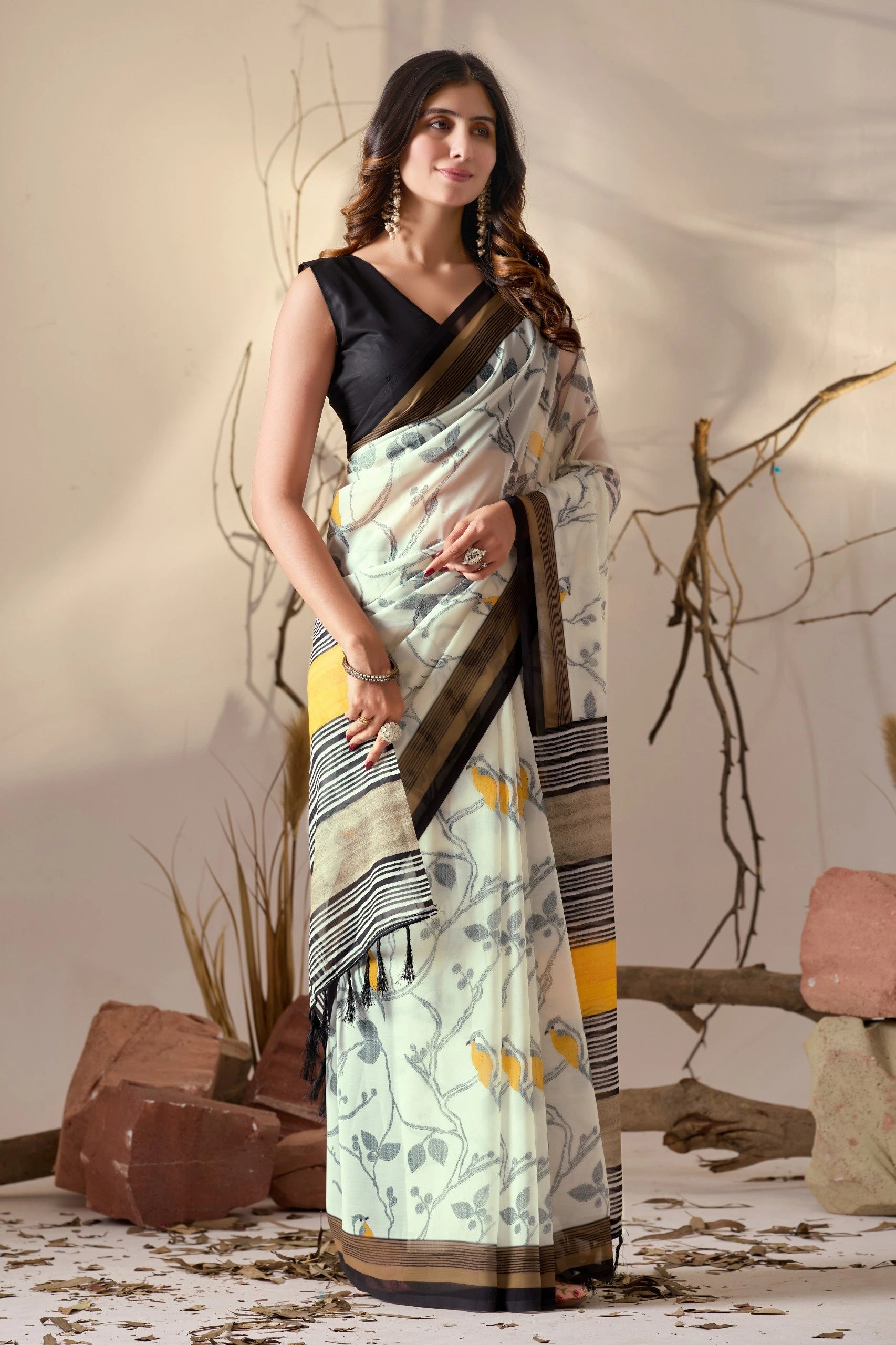 White Digital Print Border Soft Georgette Saree